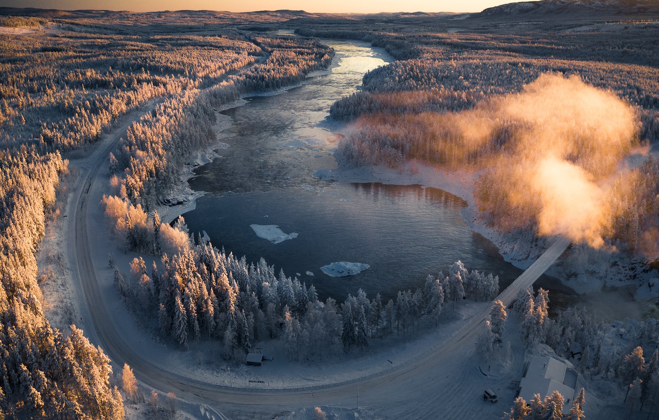 Wallpaper Winter Road Forest River Dawn Morning Sweden