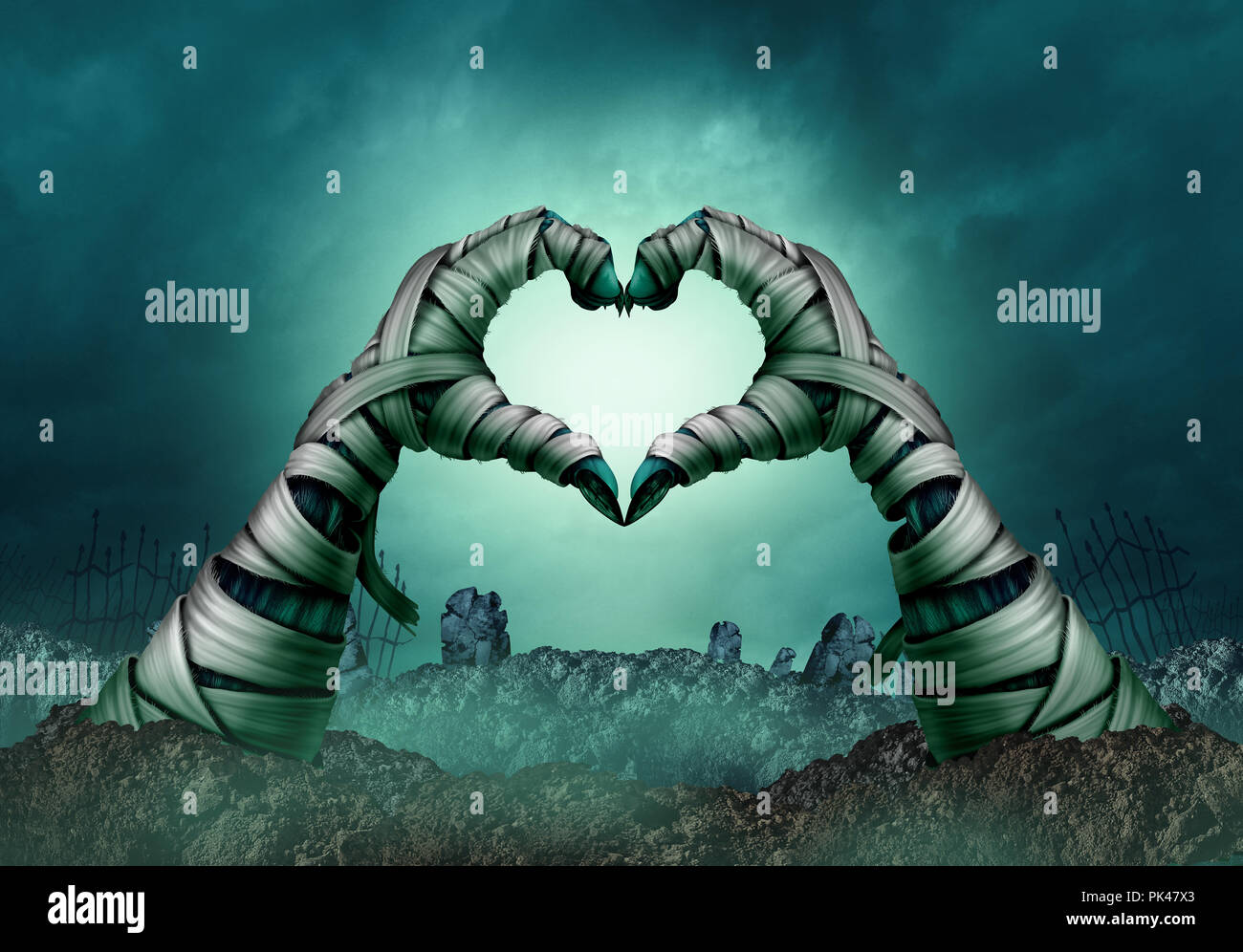 Mummy Hand Heart Shape In A Creepy Night Graveyard Background As