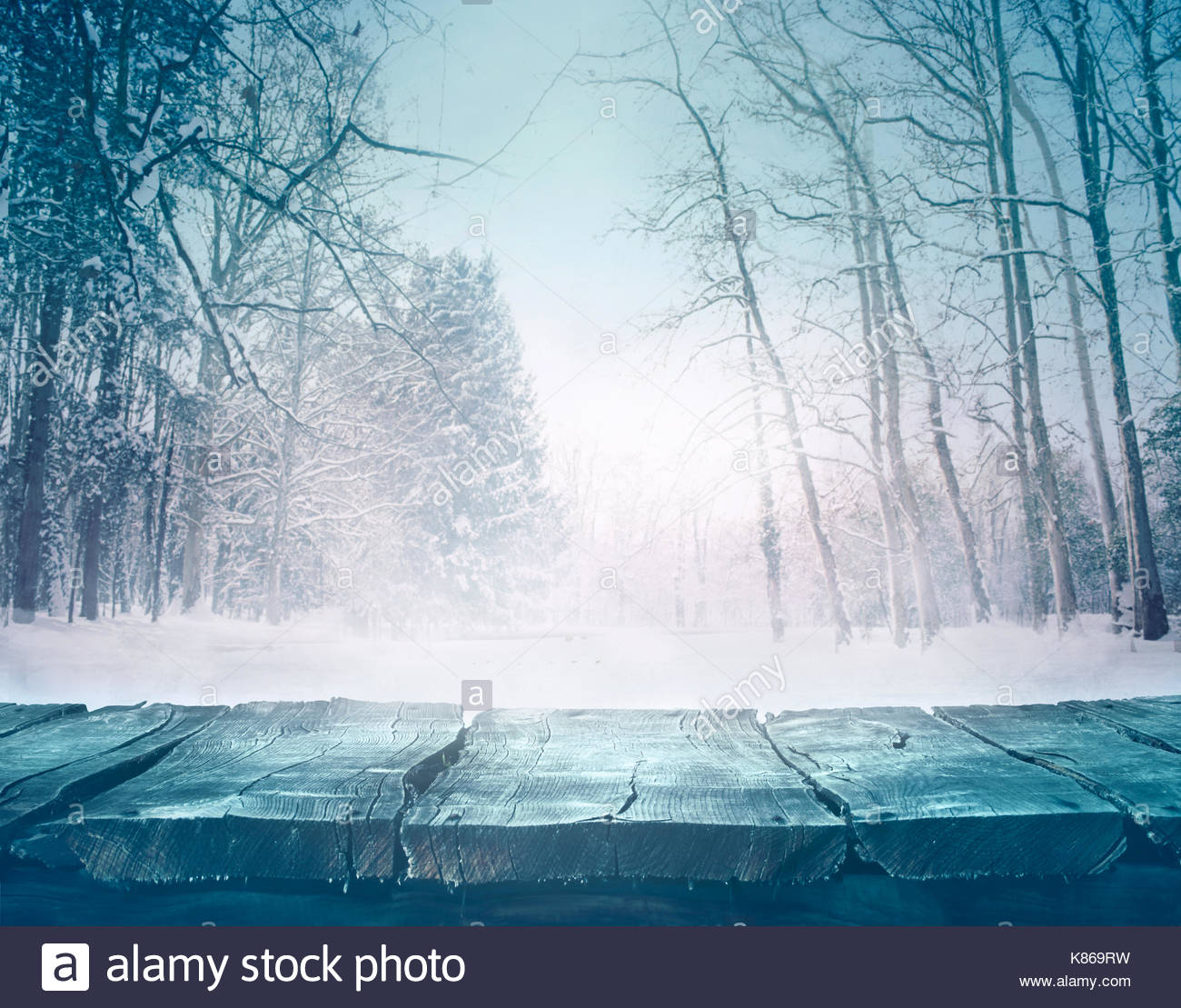 Winter Background Snow Landscape With Wooden Table In