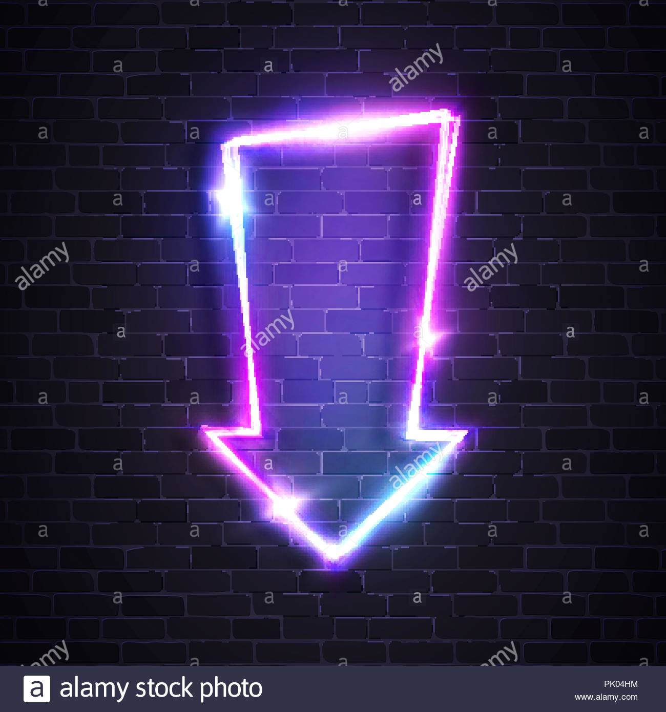 Neon Glowing Arrow Pointer On Dark Brick Wall Background Colorful
