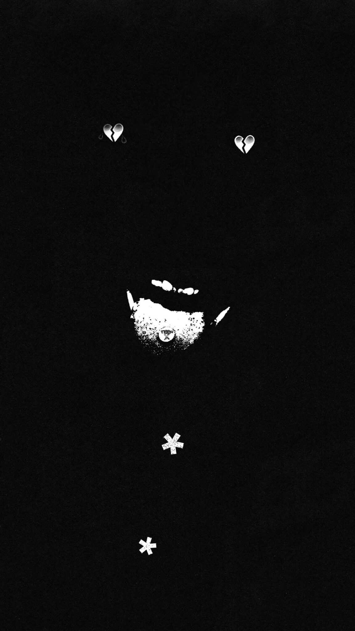 Abstract black and white image with broken hearts, a mouth, and asterisks