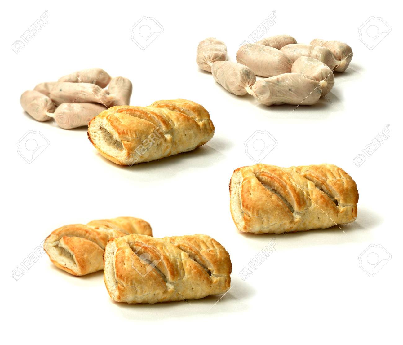 Raw Cocktail Sausages And Cooked Sausage Roll Montage White