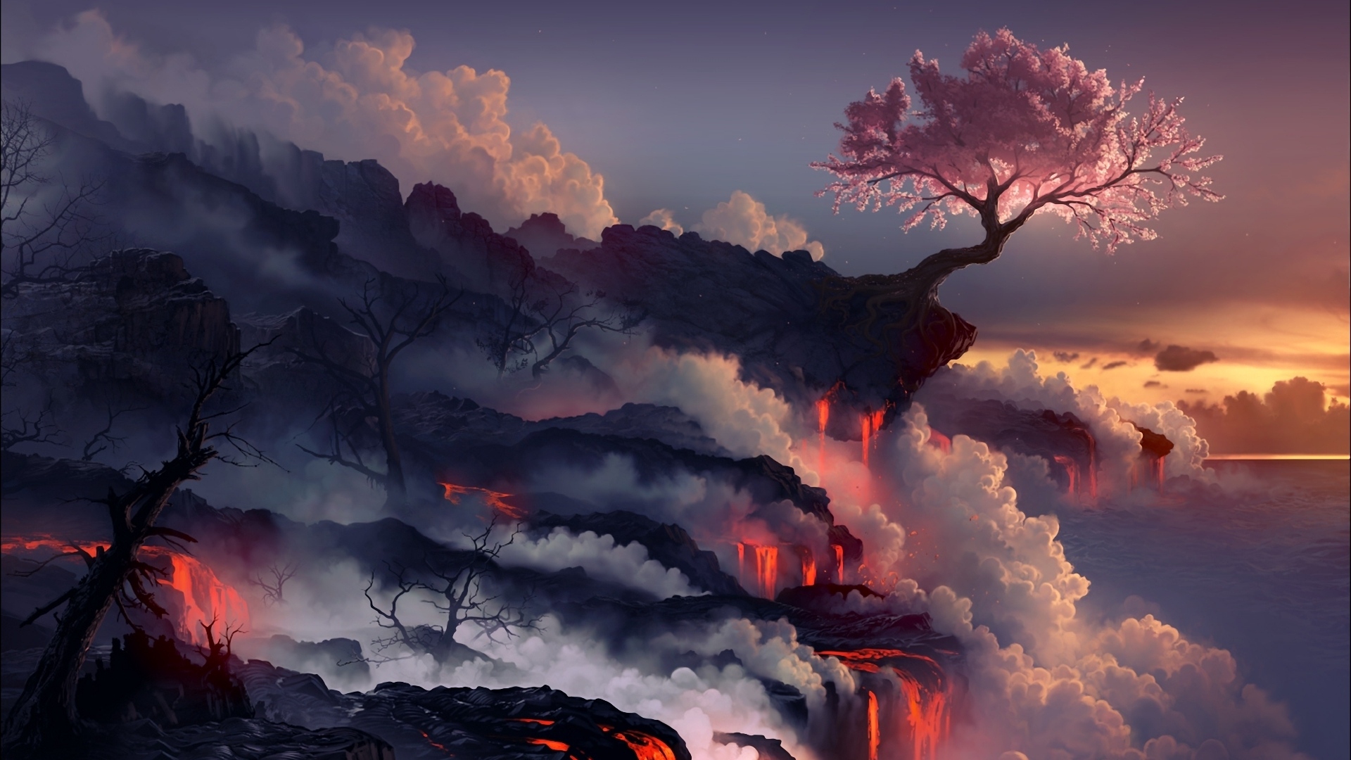 Eruption Lava Volcano Oriental Cherry Tree Wallpaper