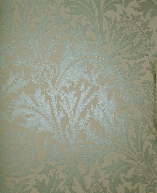 Thistle Wallpaper Irridescent duck egg print on beige wallpaper