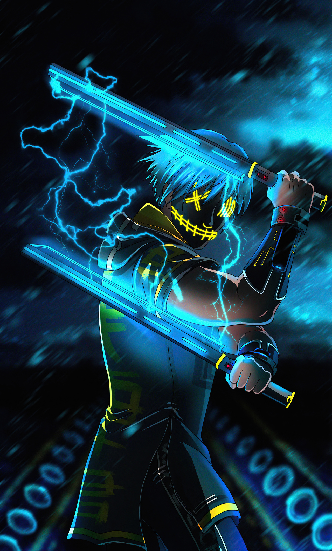 A cool anime character with glowing blue hair and a futuristic mask, wielding neon swords amidst lightning, against a backdrop of binary code rain