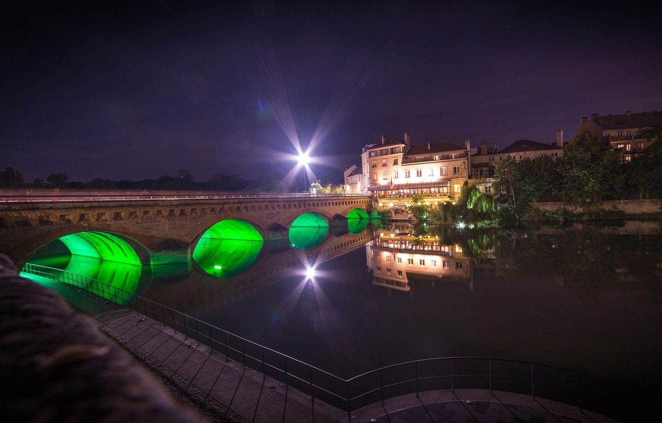 Wallpaper Trees Night Bridge Lights River France Home