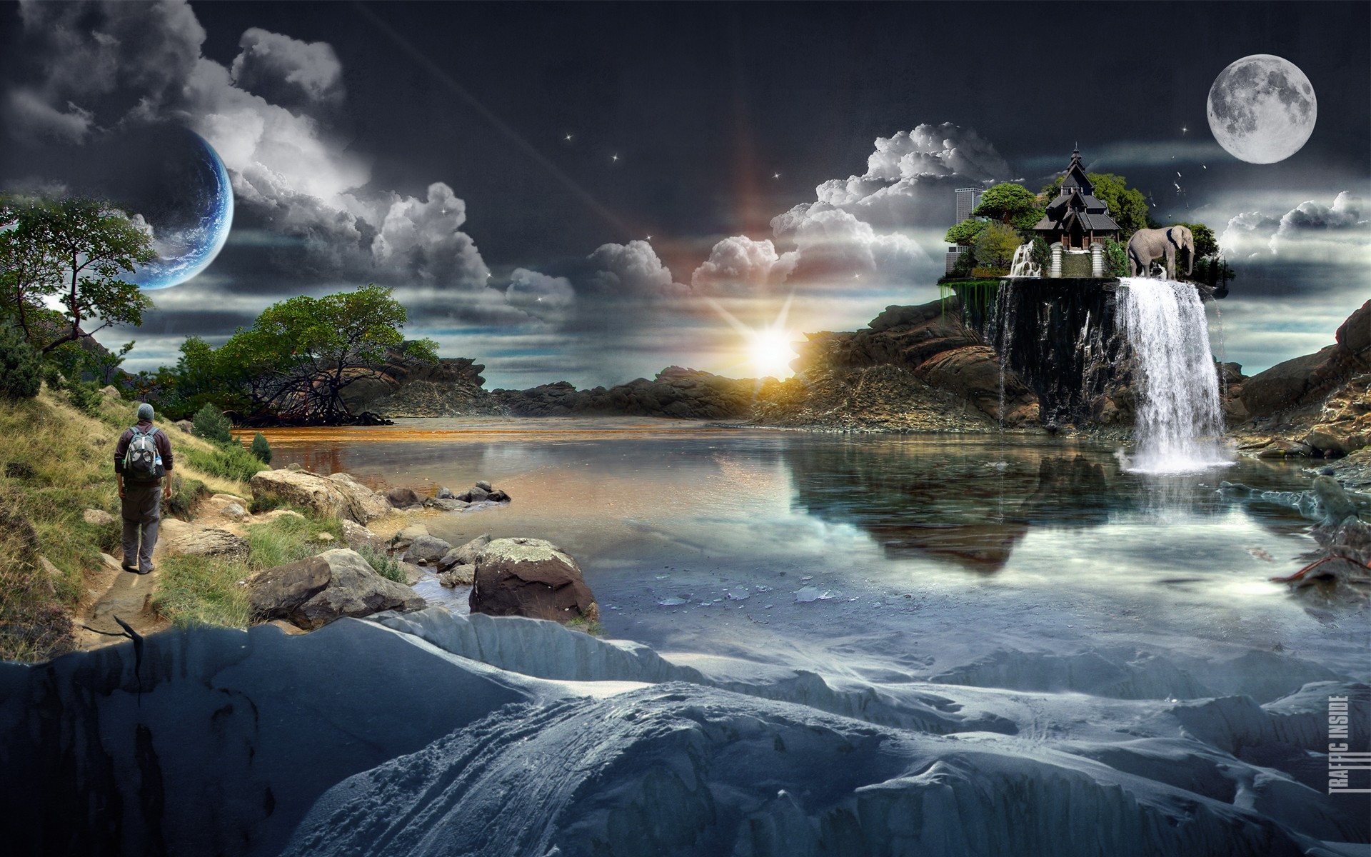 Surreal 3D Desktop Wallpaper: A lone hiker approaches a tranquil lake, with a floating island featuring a waterfall and an elephant. A large planet hangs in the sky