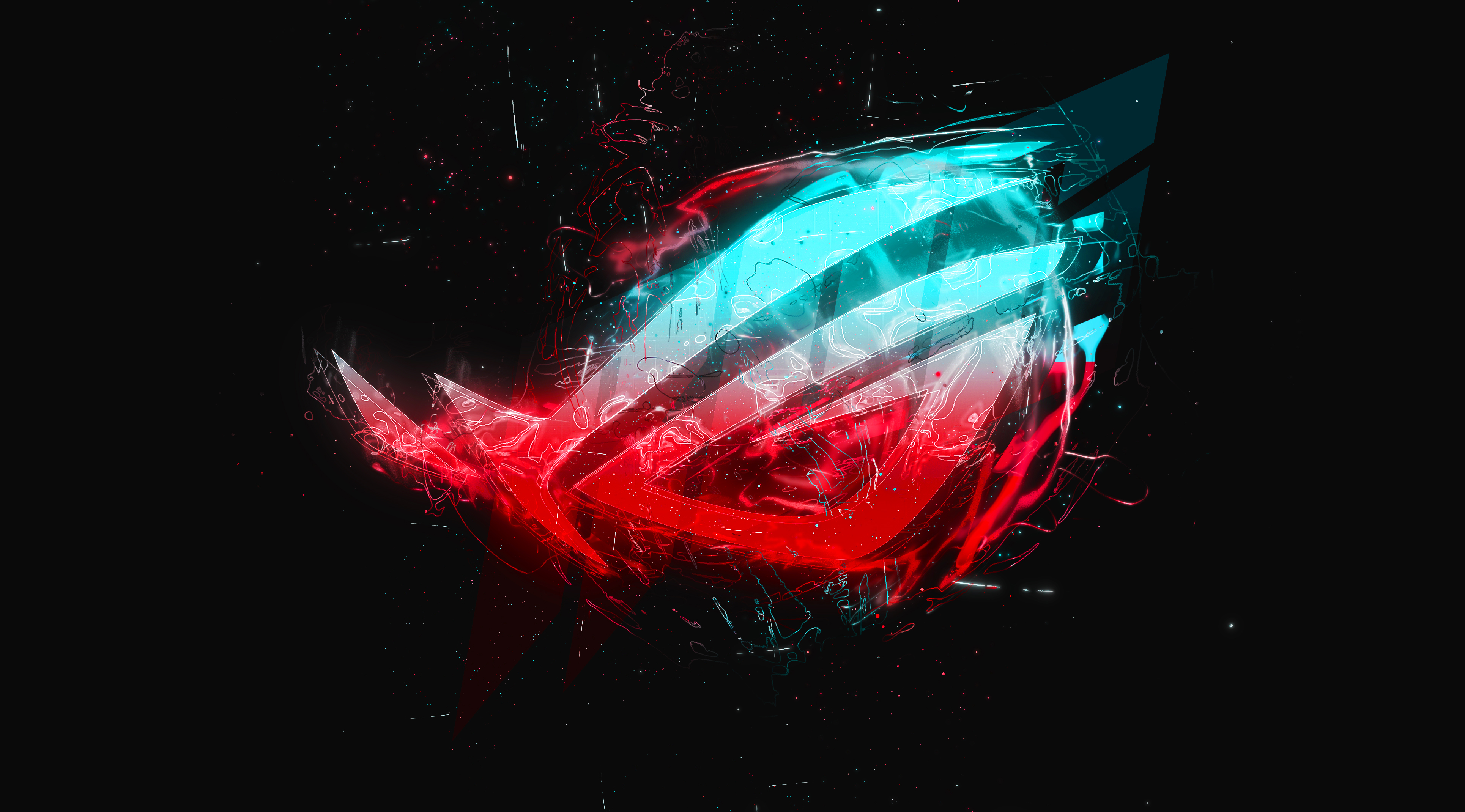 A vibrant red and blue Republic of Gamers logo, a popular brand for PC gaming hardware, set against a dark, abstract background with a smoky, ethereal effect, suitable for a 4k PC wallpaper
