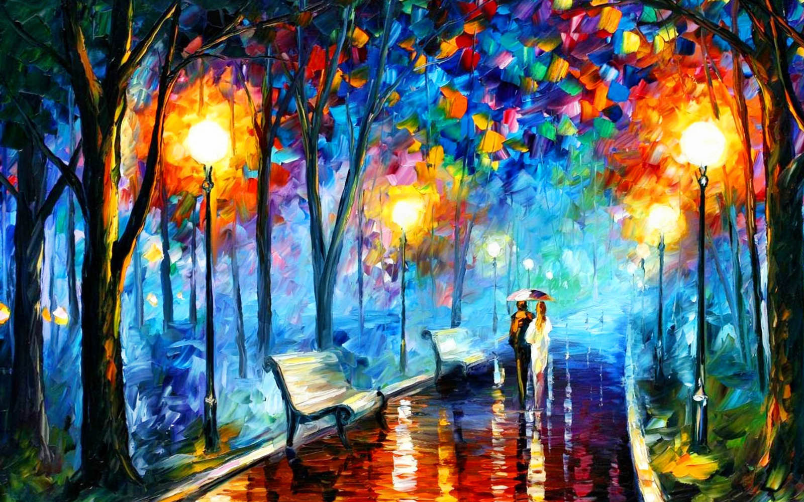 A vibrant abstract painting depicting a rainy evening scene in a park. A couple strolls under an umbrella along a path lined with benches and glowing streetlights. The colors are bold and expressive, creating a dreamlike atmosphere