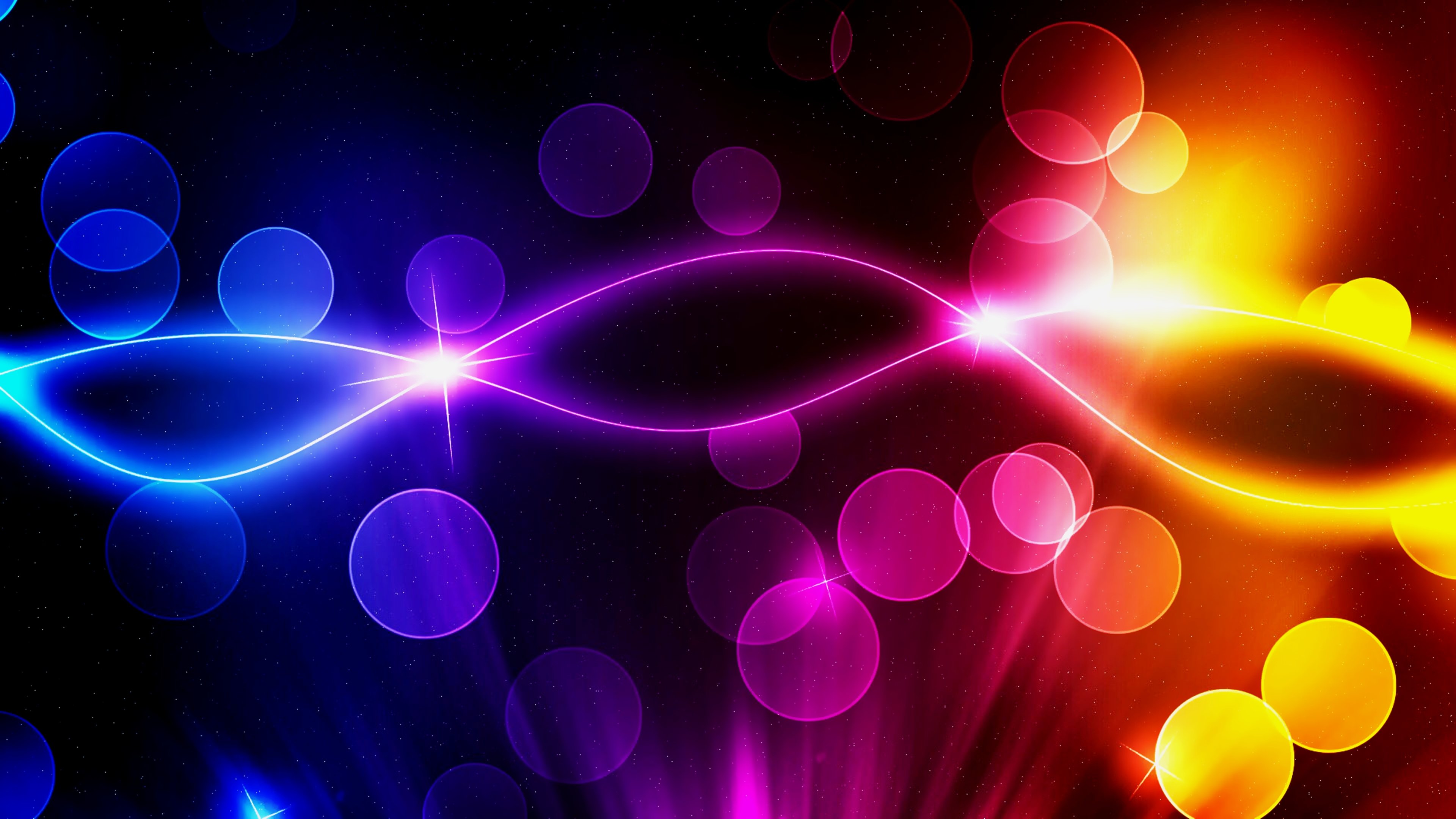 A vibrant neon blue wave flows across a dark backdrop, interspersed with colorful bokeh circles in shades of purple, pink, and orange, creating a dynamic and energetic abstract design