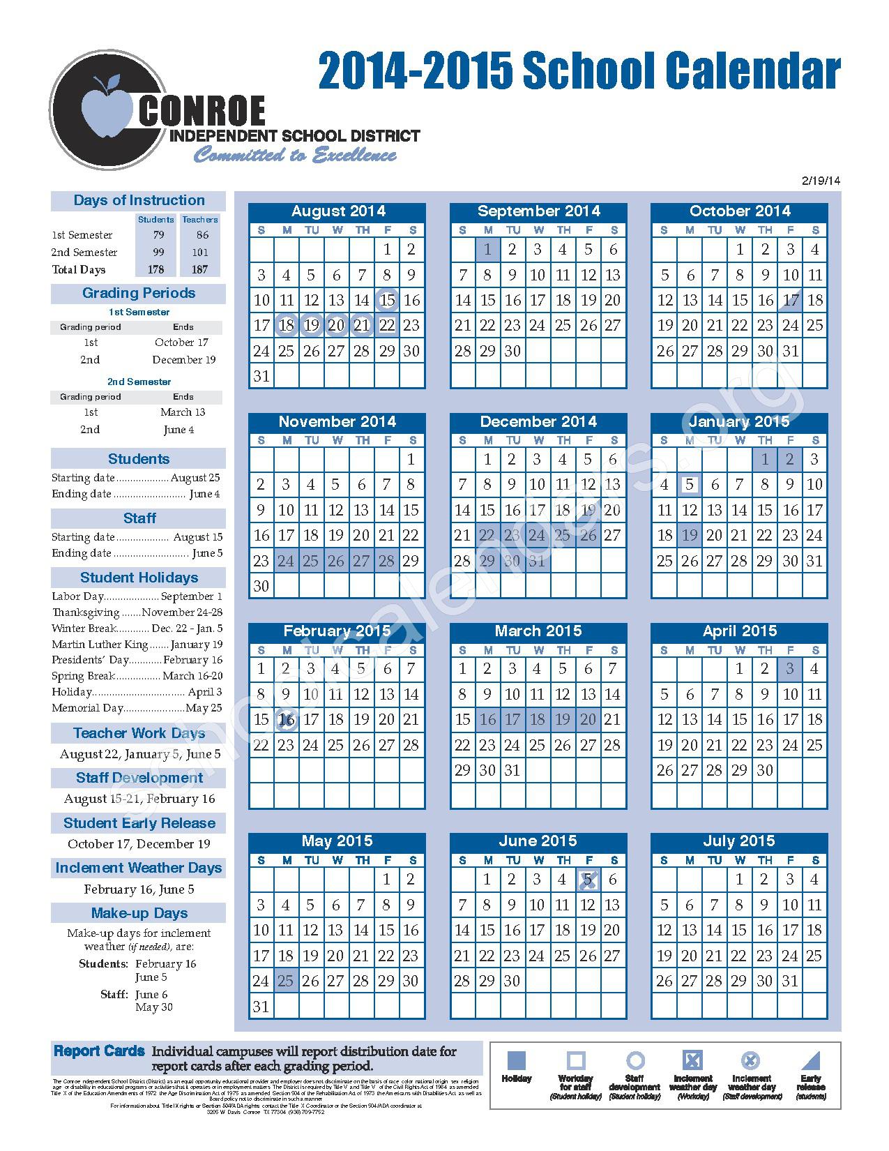 School Calendar Mccullough Junior High