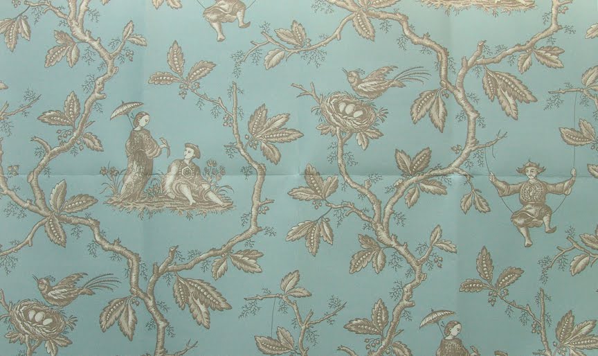 Chinese Toile Pattern In Aqua Colour With Swatch Of Matching Fabric