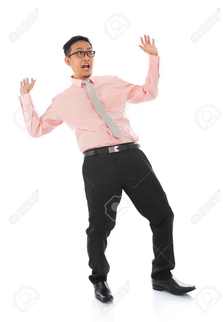 Full Body Shocked Young Asian Businessman Open Arms Bend