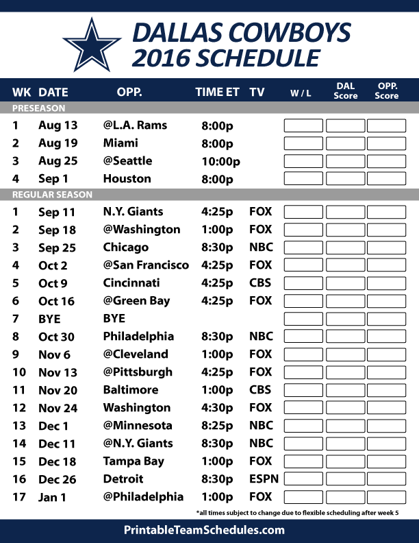 Dallas Cowboys Schedule Printable Nfl Week Kansas