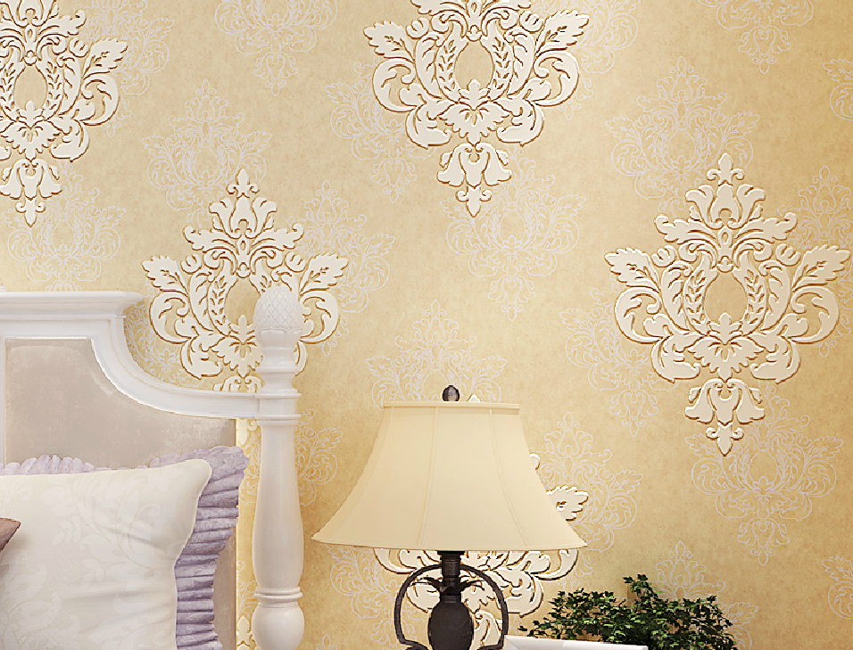 Embossed Non Woven Wallpaper For Bedroom Decoration Yellow