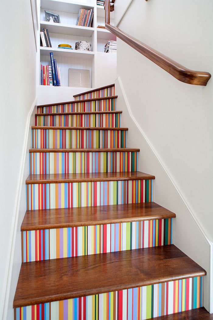 Custom Multi Color Striped Wallpaper Enlivens The Stairway Design
