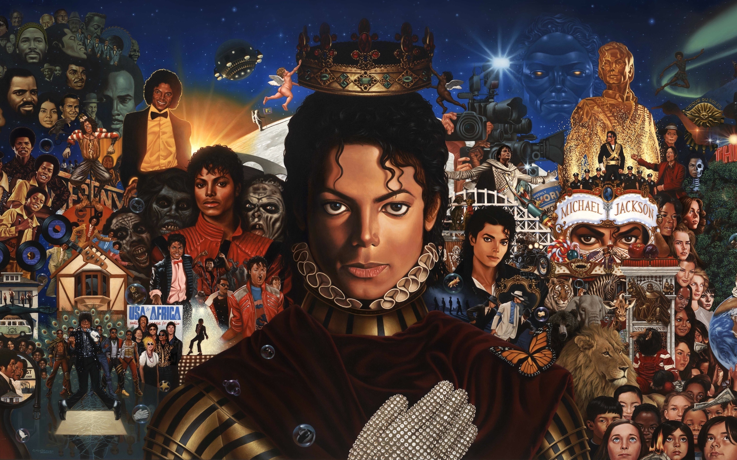 A collage of images featuring Michael Jackson throughout his career