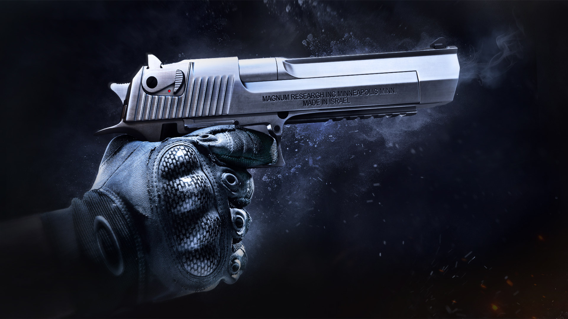 A gloved hand gripping a Desert Eagle handgun, smoke swirling around the barrel, evoking the intense atmosphere of Counter-Strike: Global Offensive