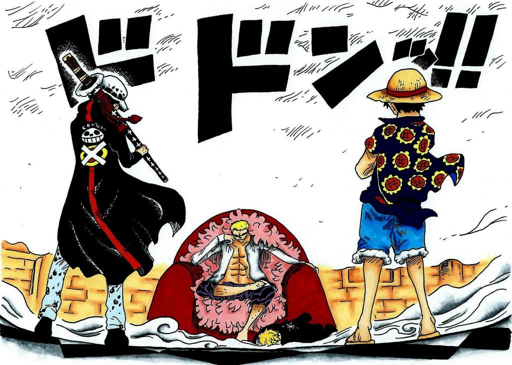 One Piece   Luffy and Traffy vs Doflamingo by Melthomes 1024x731