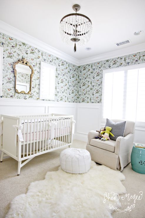 Lovely Nursery Features Aviary Wallpaper On Top Half Of Wall And