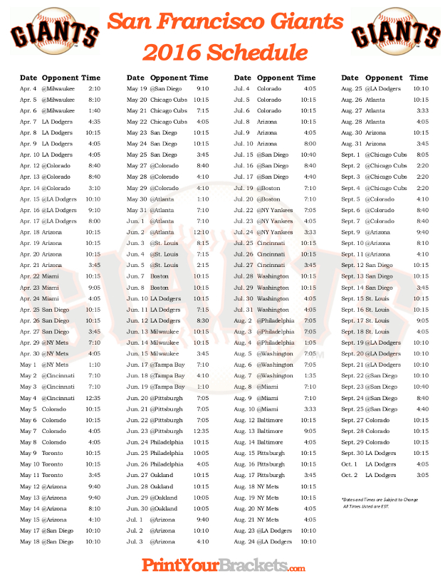 Printable Schedule  San Francisco Giants
