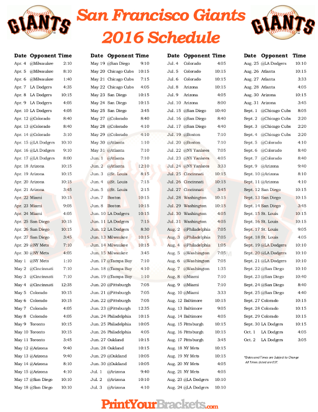 San Francisco Giants Schedule Printable