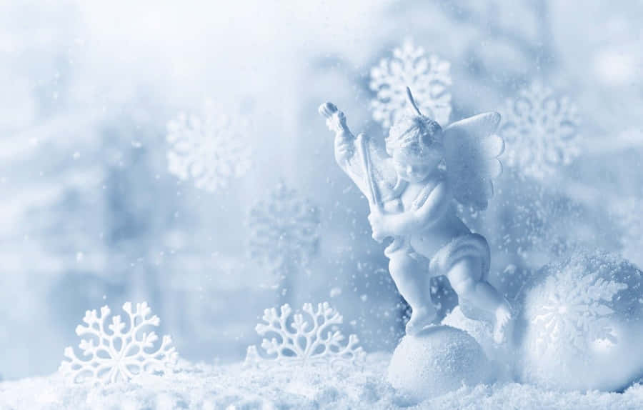 A cherubic snow angel figurine plays a lyre amidst a snowy scene with delicate snowflakes, evoking a sense of winter wonderland magic