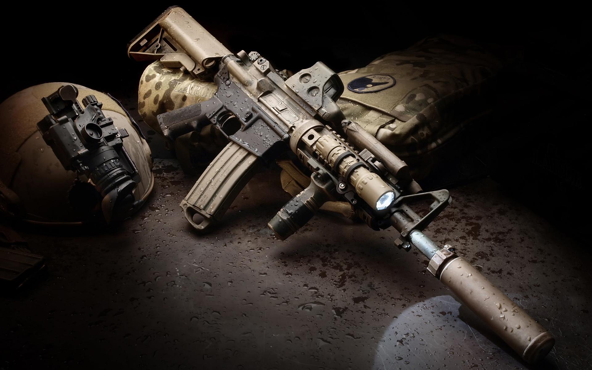A high-definition wallpaper showcasing tactical military gear, including a rifle, night vision goggles, and a helmet, set against a dark, wet backdrop