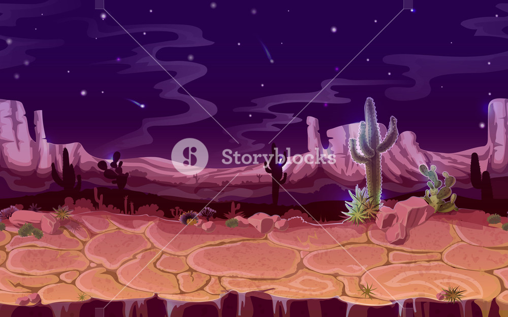 Seamless Desert Night Landscape Horizontal Cartoon Game Banner