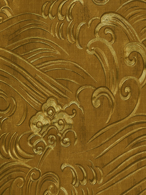 Chinoiserie Waves Wallpaper In Gold Foil By Brewster Asian