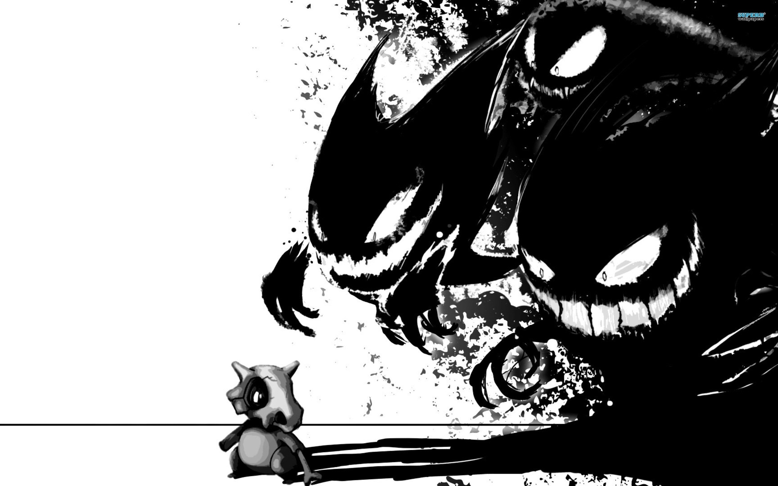 A grayscale artwork featuring Cubone facing ominous, shadowy figures, reminiscent of dark Pokemon from Pokemon Black