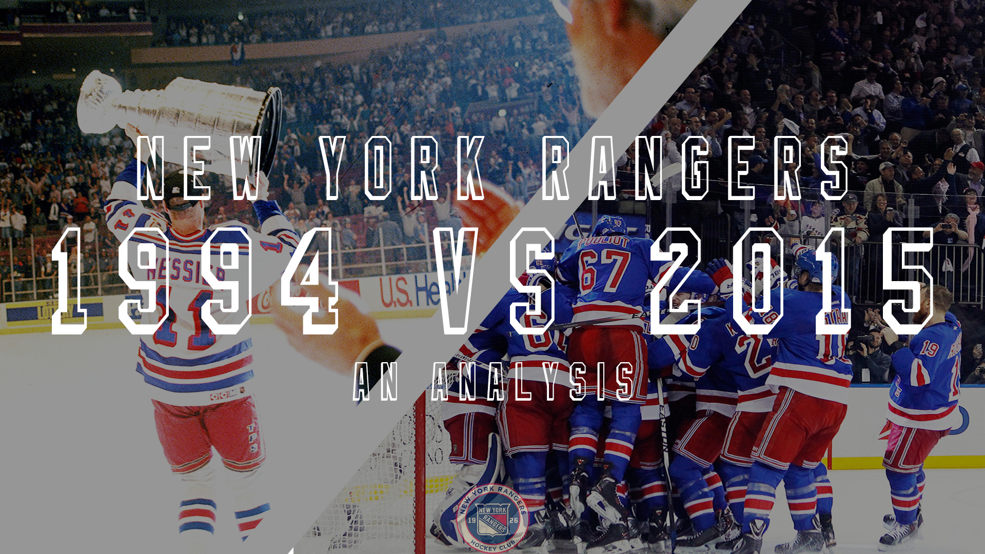 A split image showcasing the New York Rangers' Stanley Cup victory in 1994 and a celebratory team huddle from 2015, highlighting the team's legacy