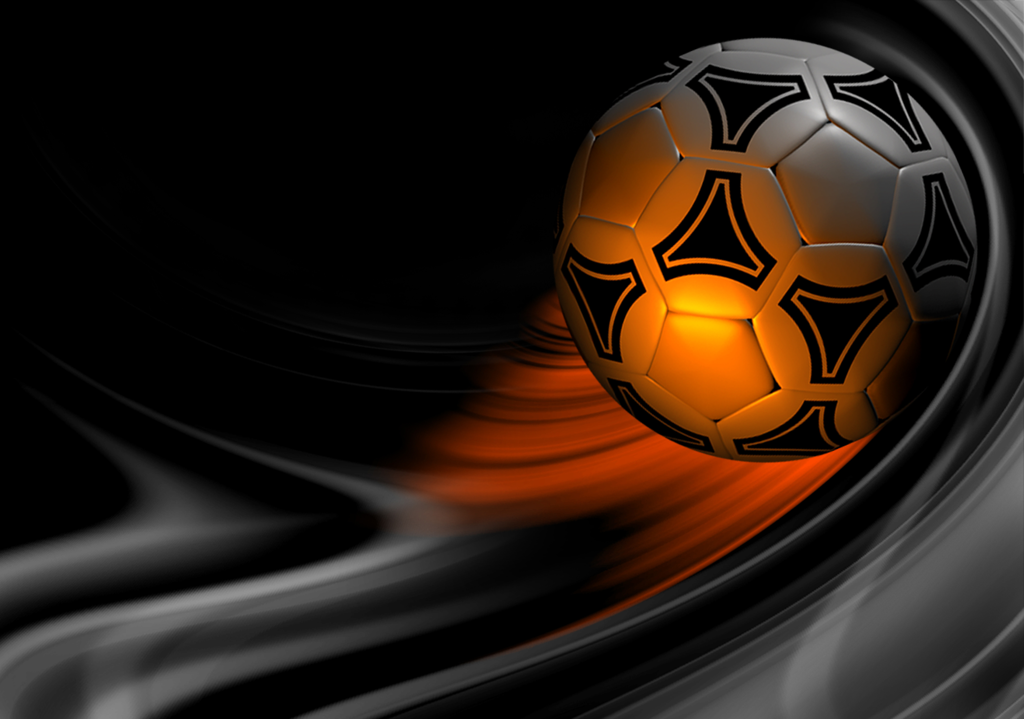 A dynamic soccer ball with a motion blur effect against a dark background