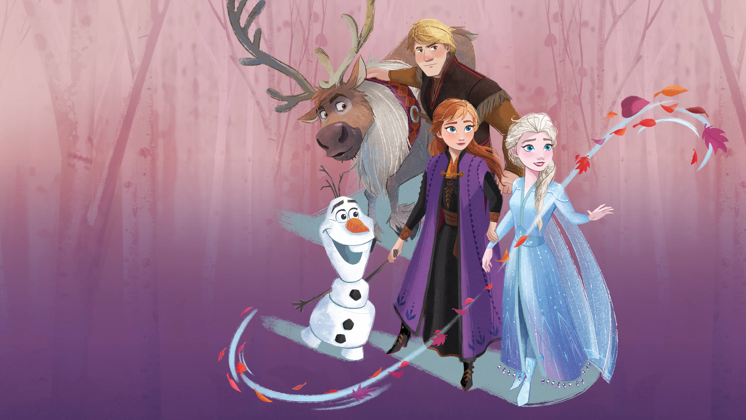 A vibrant illustration featuring characters from Disney's Frozen in an autumnal forest setting. Anna, Elsa, Kristoff, Sven, and Olaf are depicted together, possibly embarking on a new adventure