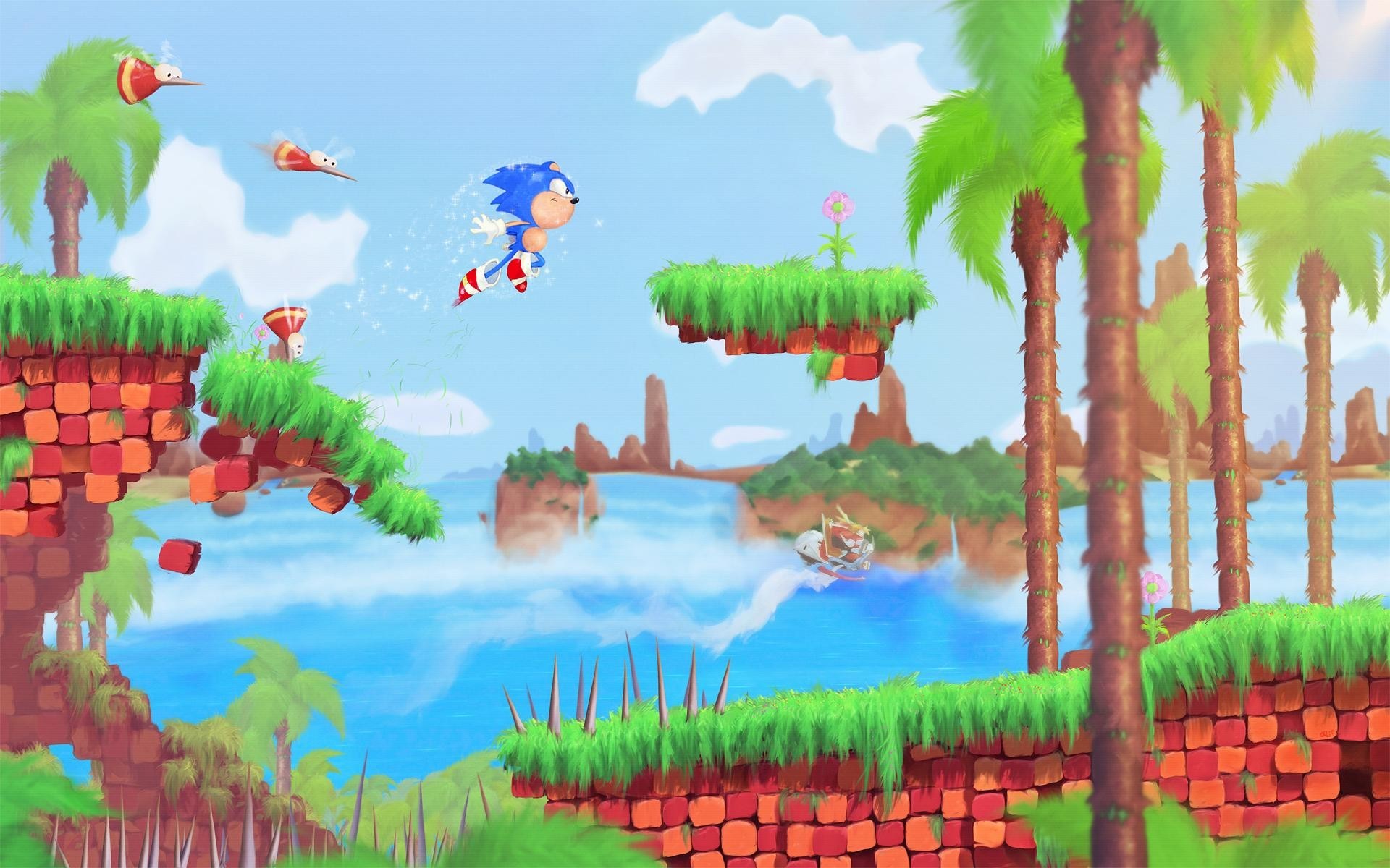 Sonic the Hedgehog running in a tropical level from a classic Sonic game, remastered in HD