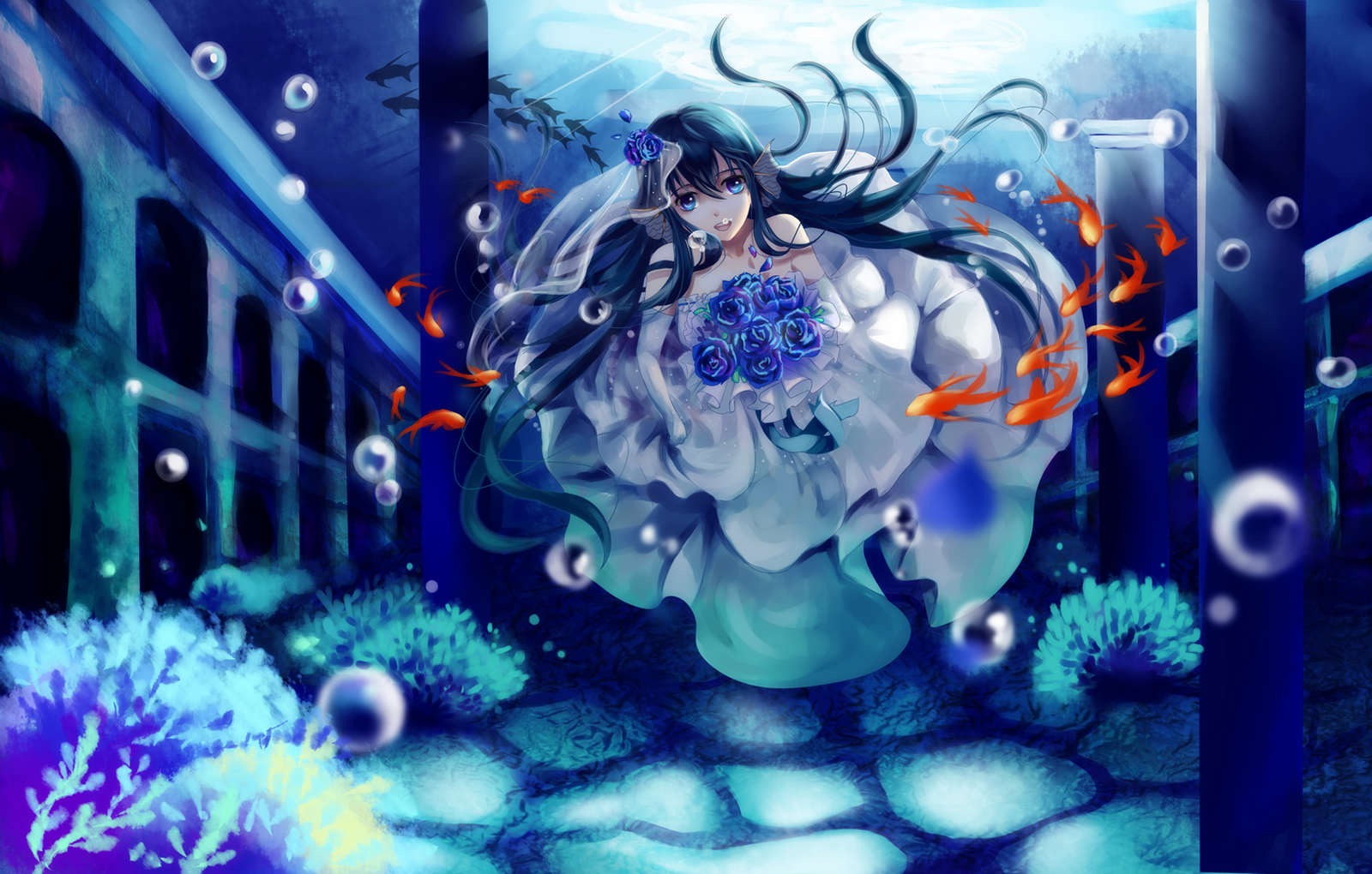 Girl Wedding Dress Flowers Underwater D44 HD Wallpaper