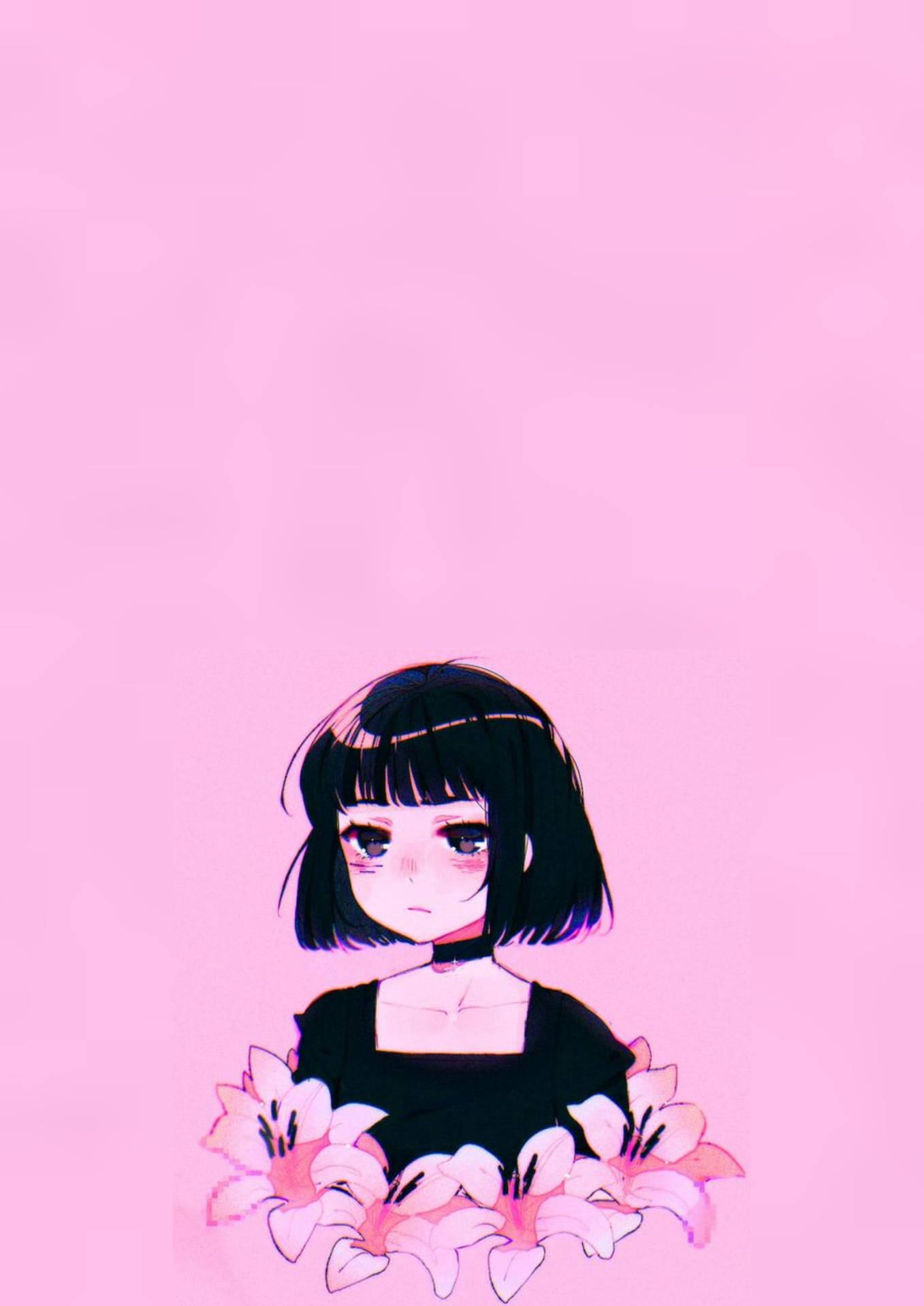 Aesthetic Pink Anime Goth Girl With Ebony Hair Wallpaper