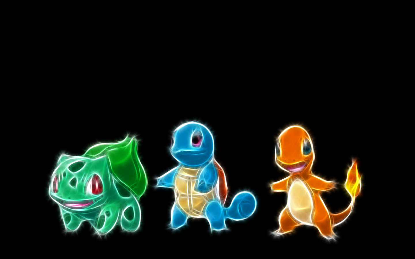 Neon Pixel Art of Bulbasaur, Squirtle, and Charmander Pokemon