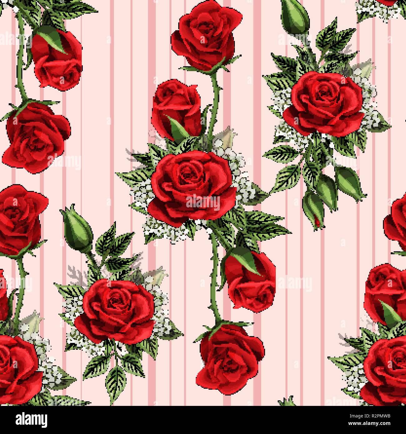 Red Rose Flower Bouquet Spreads Creeper Elements Seamless Pattern
