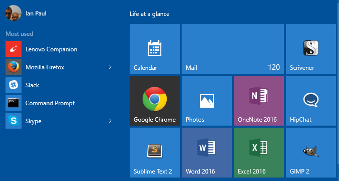 Windows 10s Start menu with four tiles across