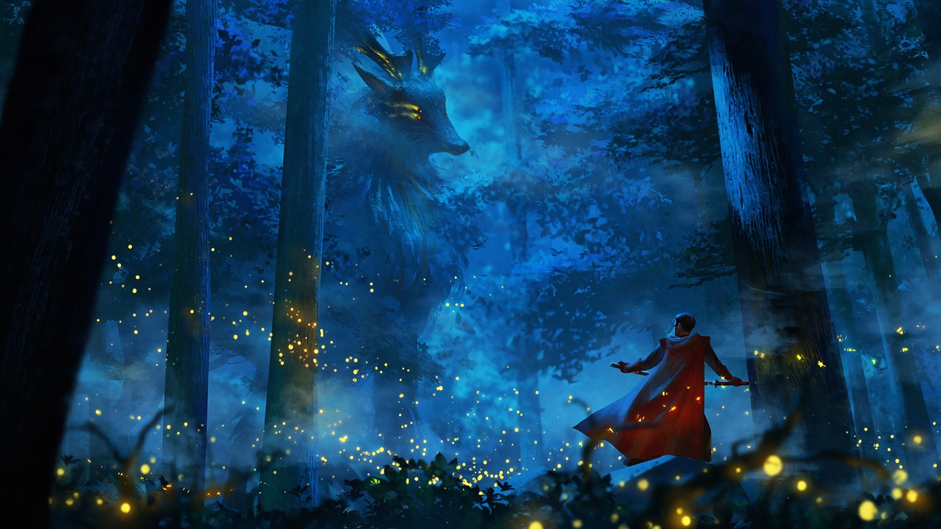 A brave anime warrior stands against a mythical beast in a dark enchanted forest, illuminated by fireflies