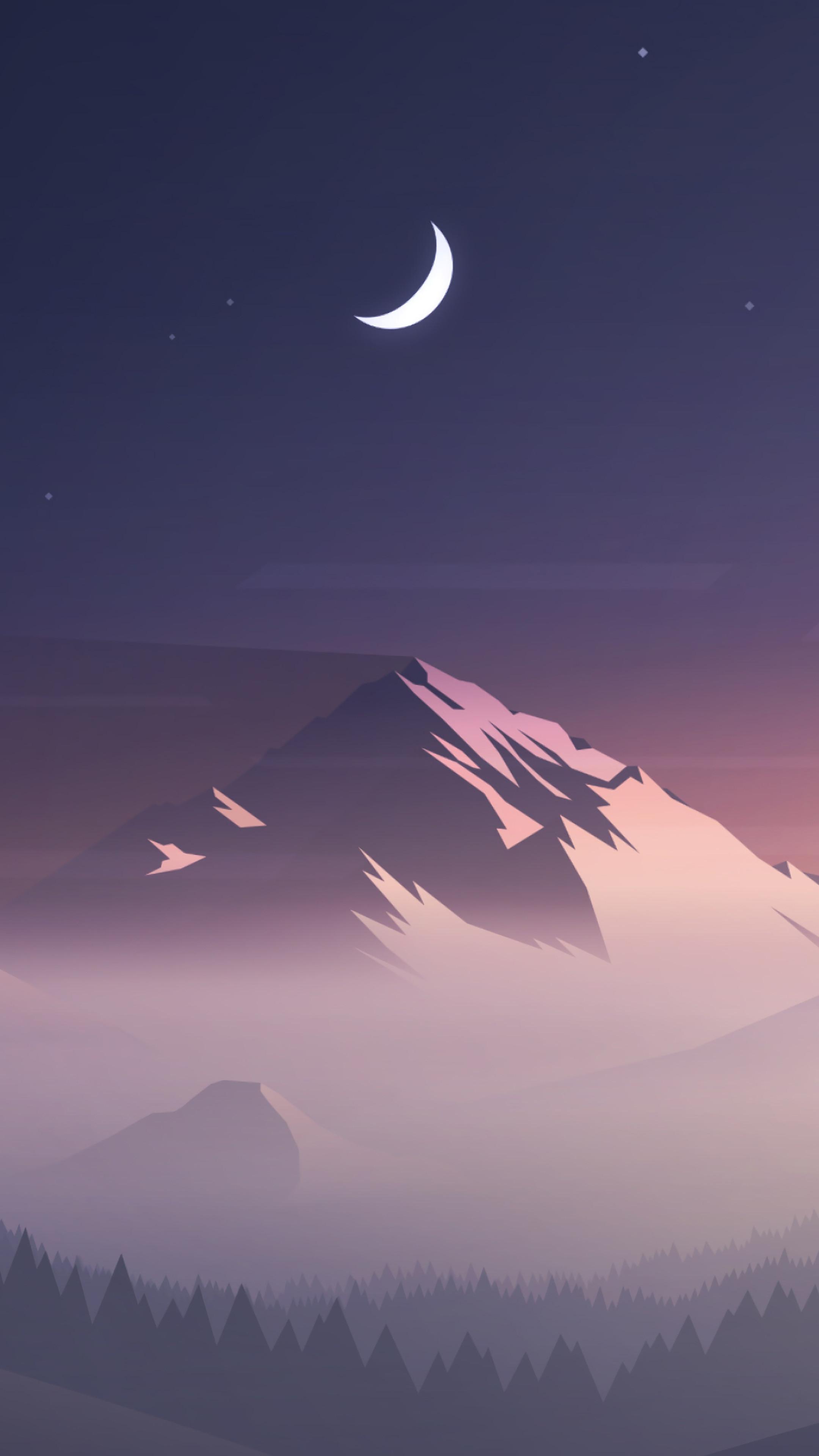 Minimalist Digital Art Mountain Landscape Night Moon 4k Wallpaper