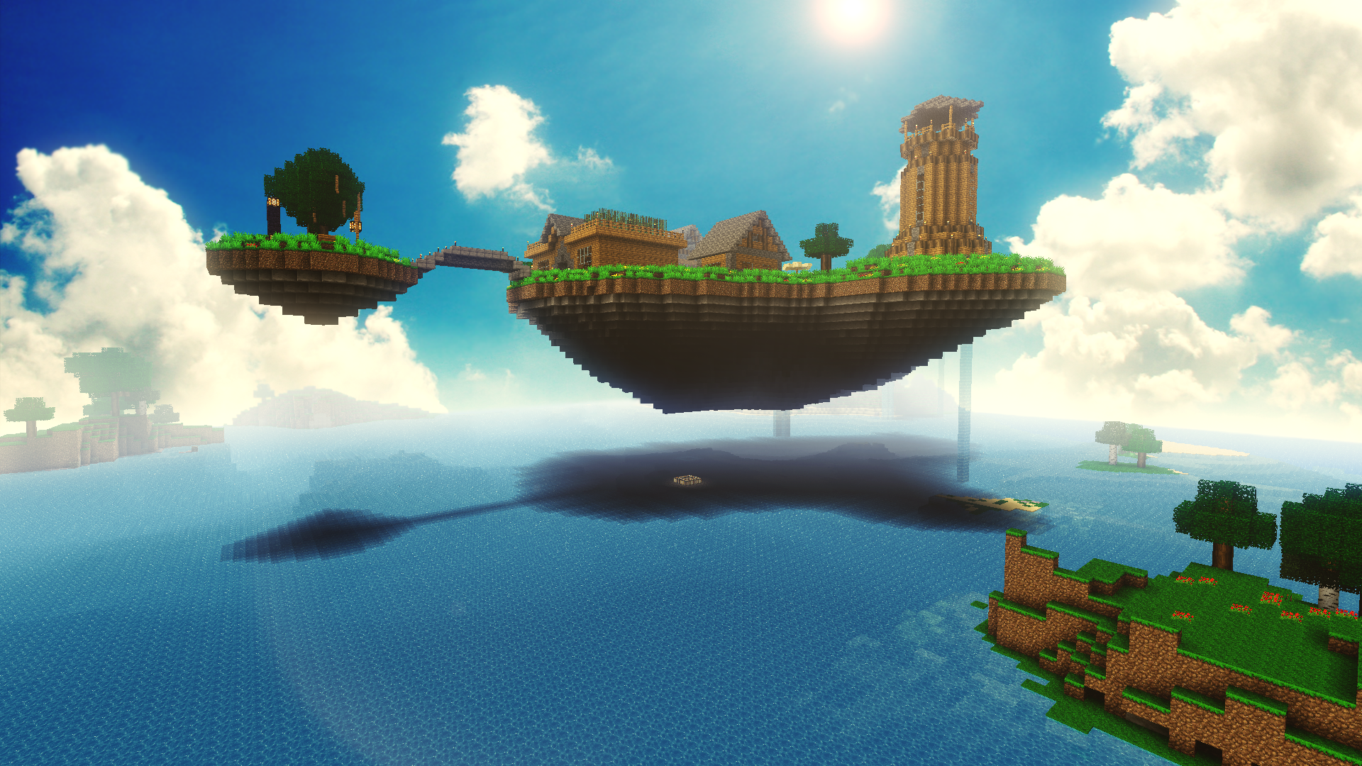 A pixel art rendering of a floating island in Minecraft, complete with a castle, trees, and other structures. Below, smaller islands dot the ocean, creating a serene yet adventurous scene