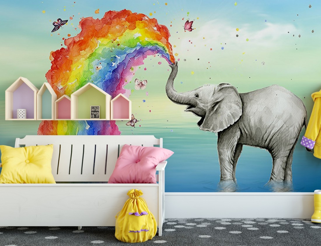 Kids Elephant With Watercolor Rainbow Wallpaper Mural