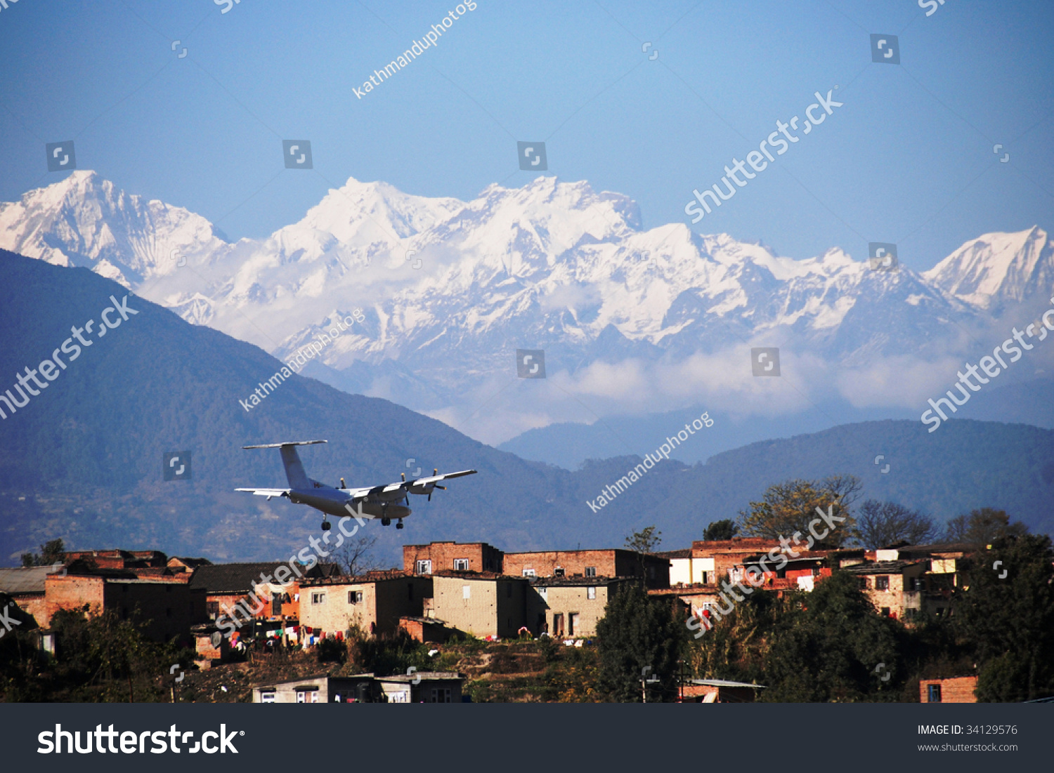 Plane Landing Airport Kathmandu Himalayas Mountains Stock Photo