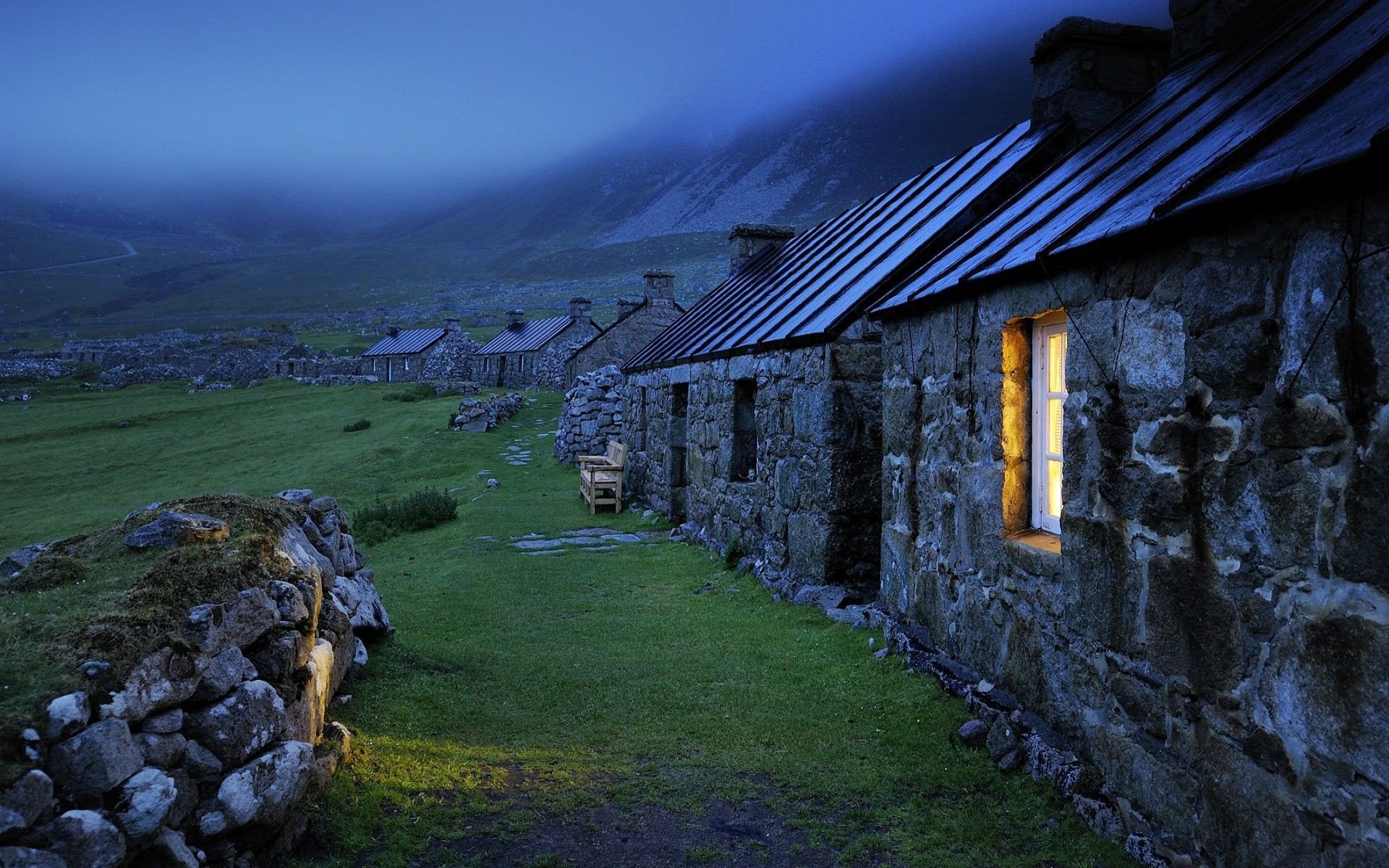 landscapes houses rocks mist Scotland window panes stone houses