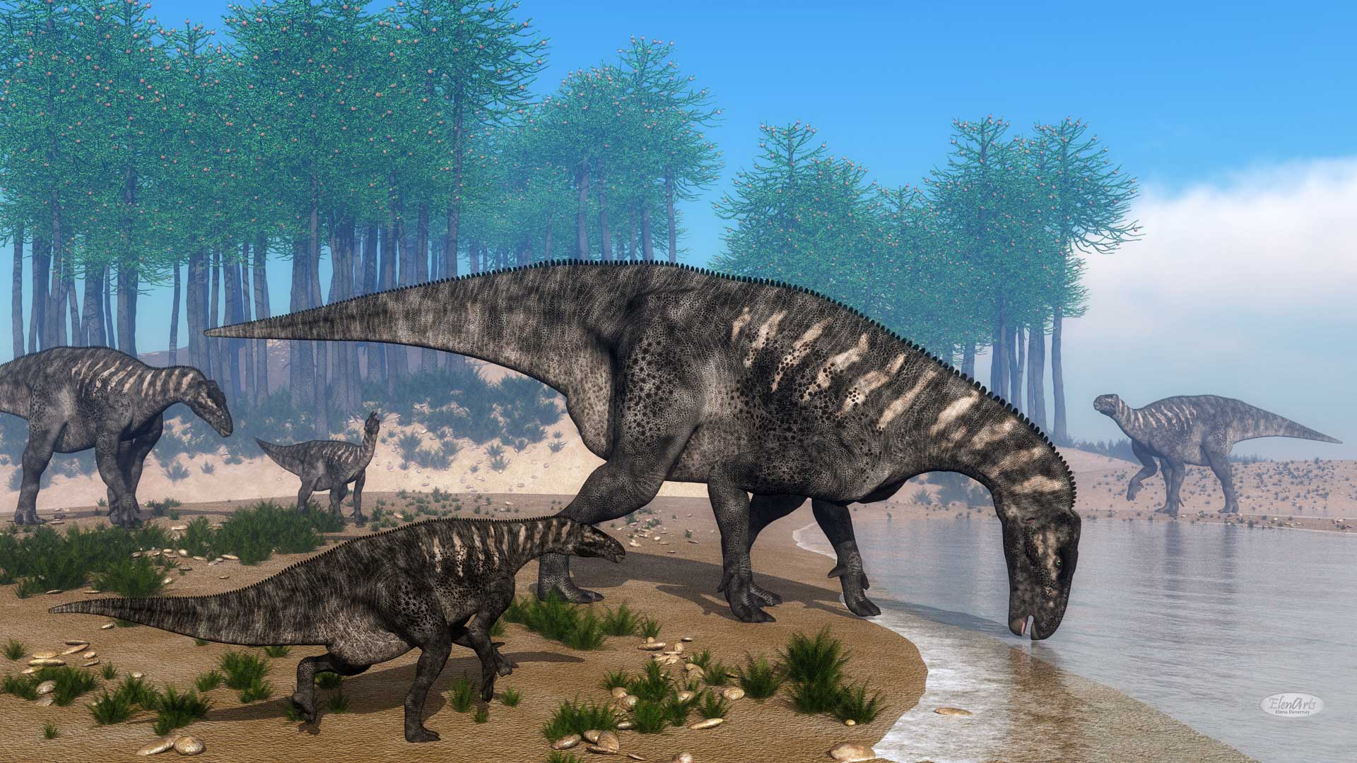 Iguanodon Dinosaurs Herd At The Shoreline 3d Render Elenarts