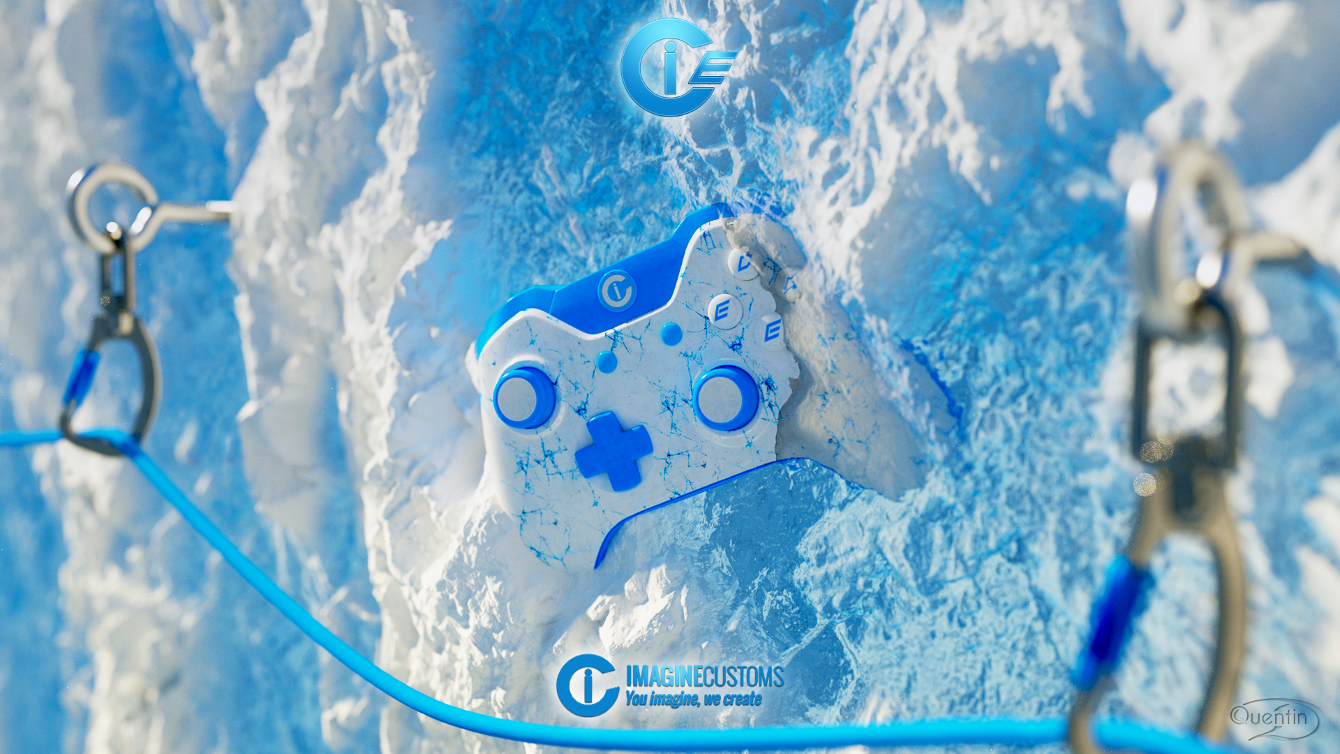 Custom Xbox controller with a unique icy design, set against a backdrop of a frozen cliff face, ideal for an Xbox-themed wallpaper