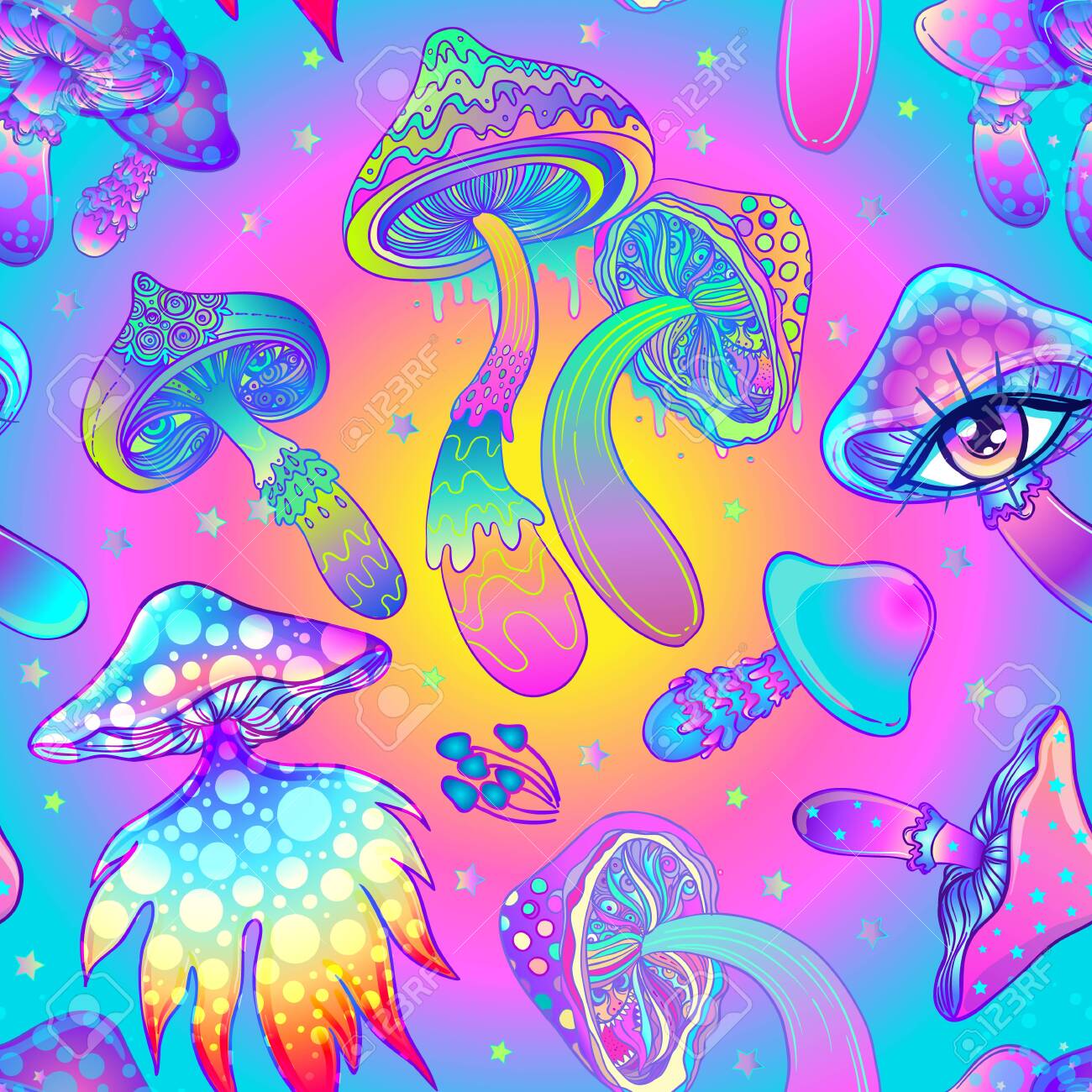 Magic Mushrooms Psychedelic Hallucination Vibrant Vector