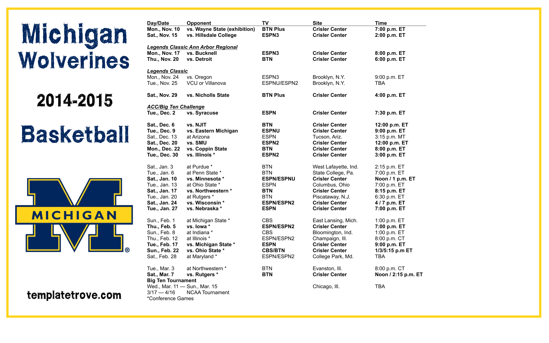University Of Michigan Basketball Schedule Examples and Forms